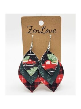 Christmas Earrings Red Truck Green Plaid Earrings Classic Teardrop